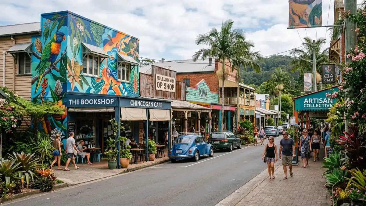 Mullumbimby main street with heritage buildings and hinterland mountains in the Byron Shire