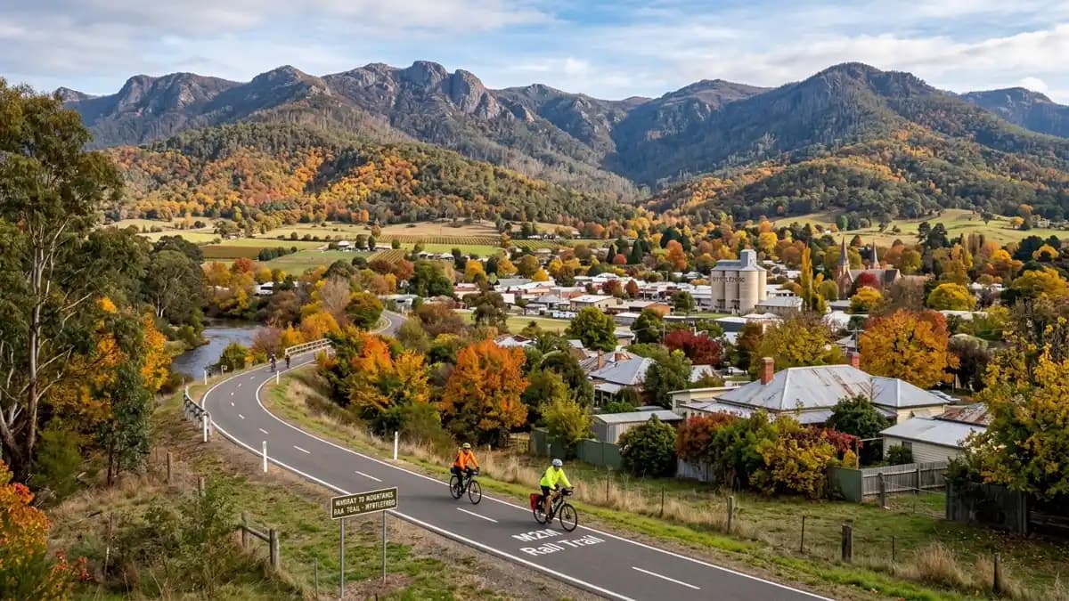 Myrtleford town in the Ovens Valley with surrounding hills and farmland, Victoria
