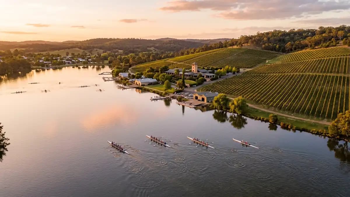 Lake Nagambie with vineyards and rowing course in central Victoria
