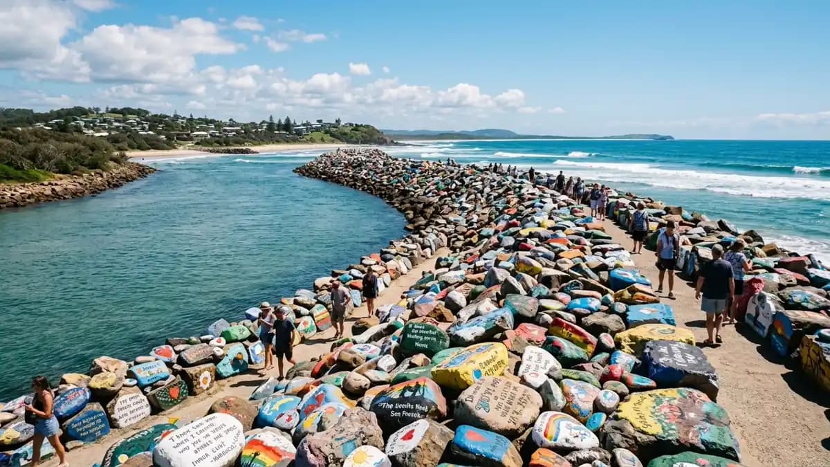 V-Wall painted rocks at Nambucca Heads with colourful messages and the river mouth behind, NSW
