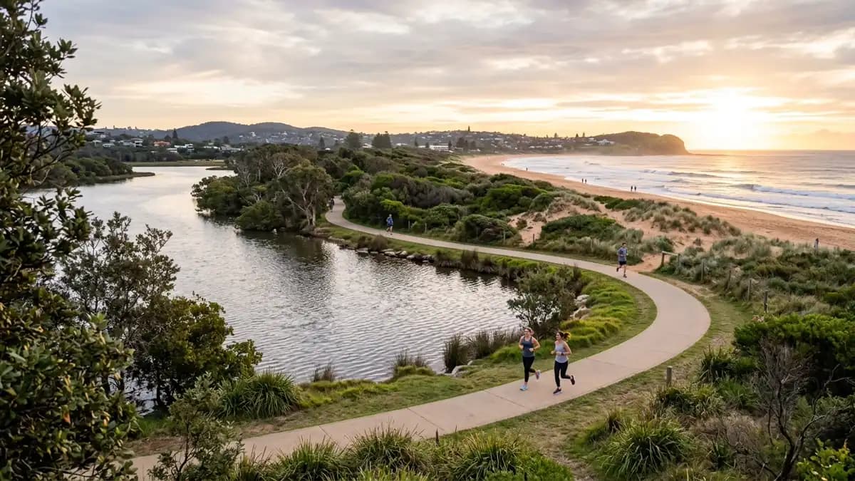 Narrabeen Lagoon with walking path and calm water surrounded by bushland, Sydney Northern Beaches