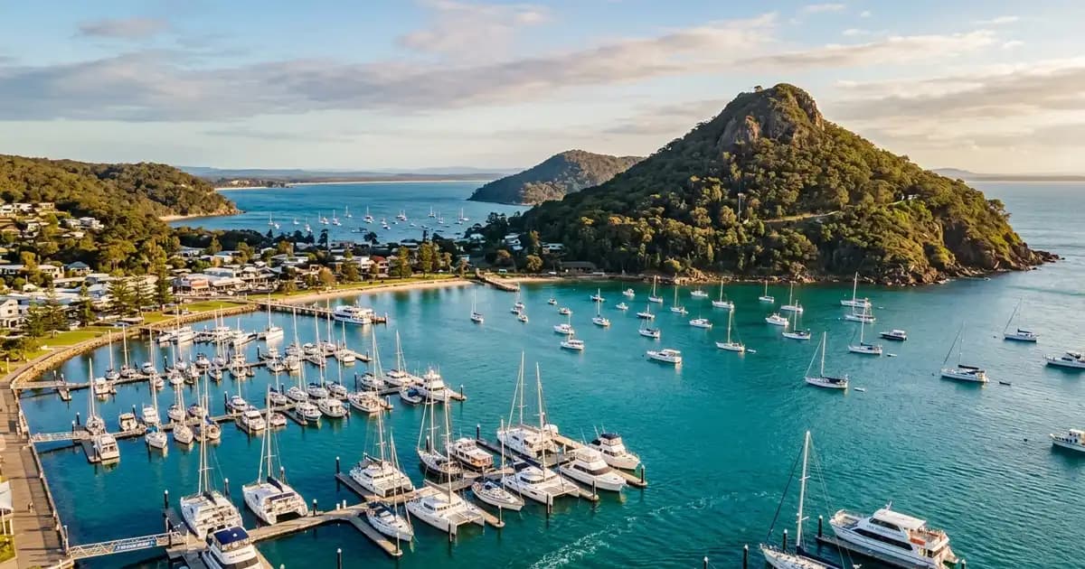 Nelson Bay marina and Tomaree Head, Port Stephens NSW