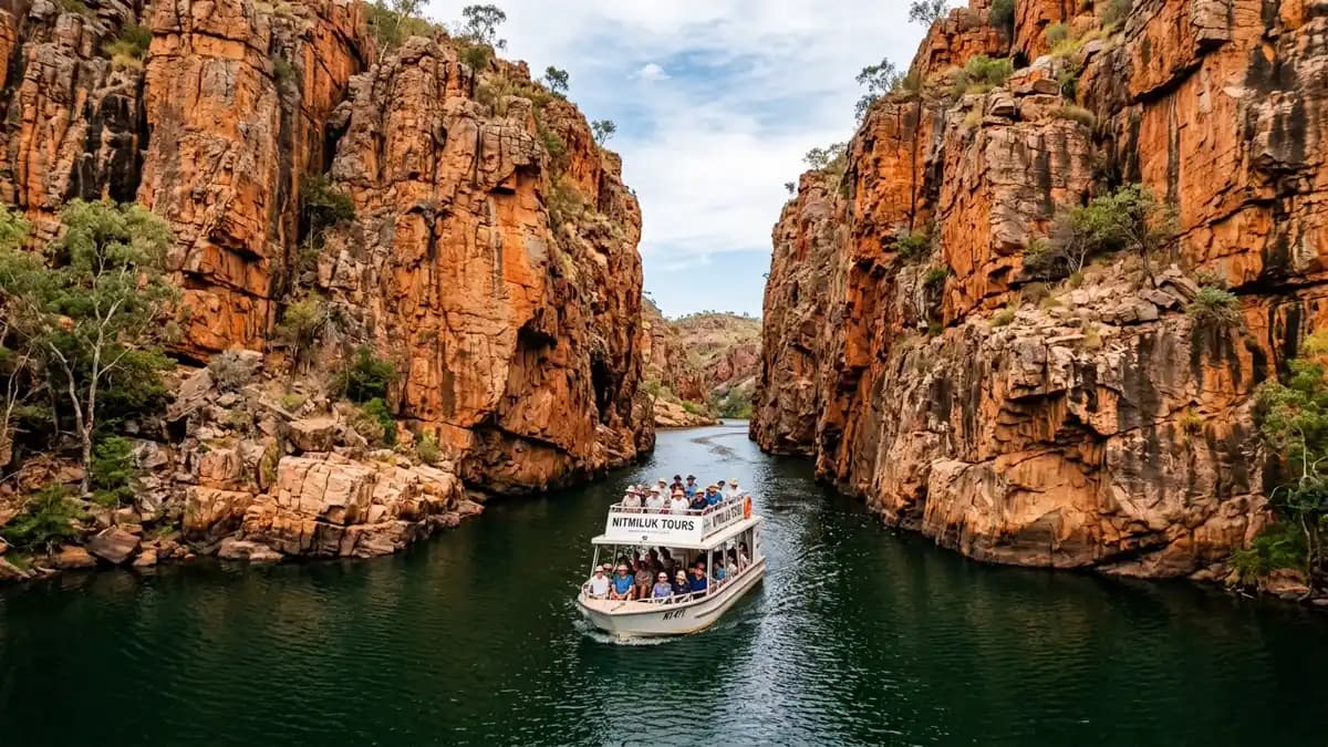 Canoeing through Katherine Gorge sandstone walls at Nitmiluk National Park, Northern Territory