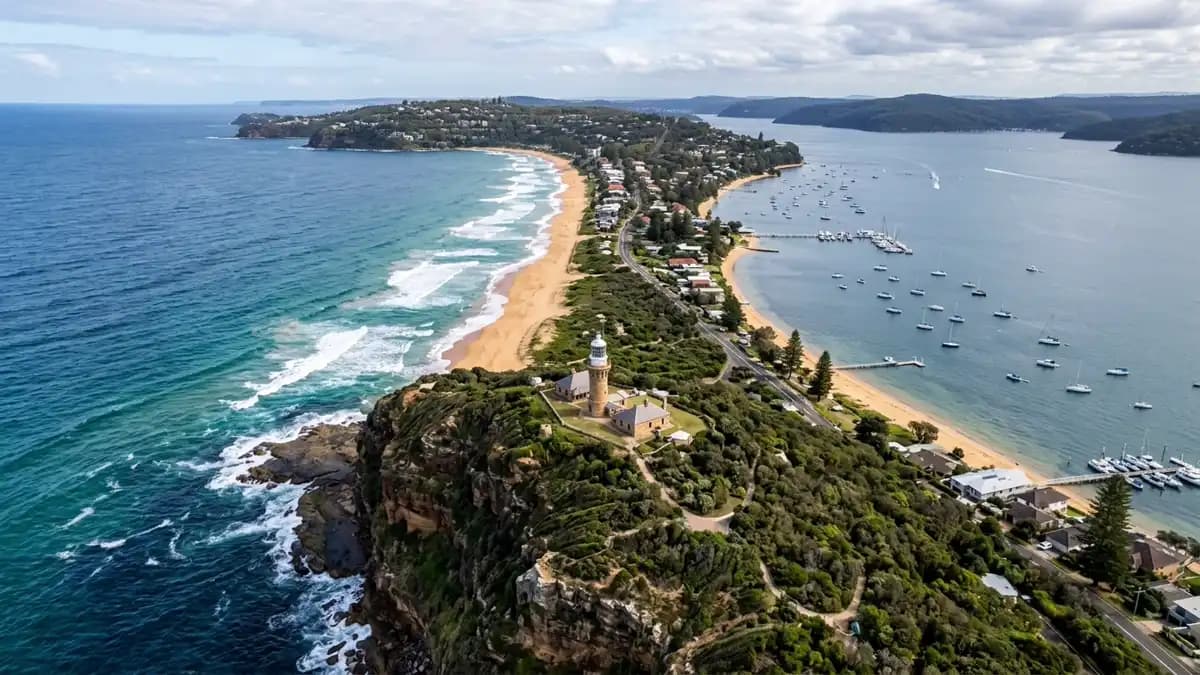 Palm Beach peninsula with Barrenjoey Lighthouse and golden sand beach, Sydney Northern Beaches