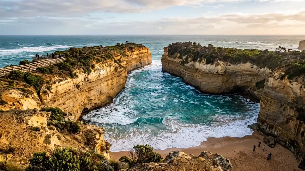 Loch Ard Gorge turquoise water between sandstone cliffs Port Campbell Victoria