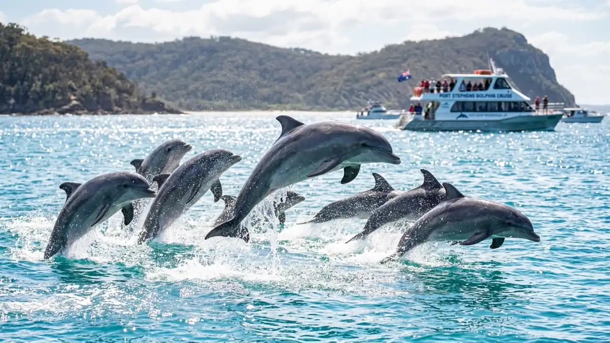 Bottlenose dolphins leaping in Port Stephens bay NSW