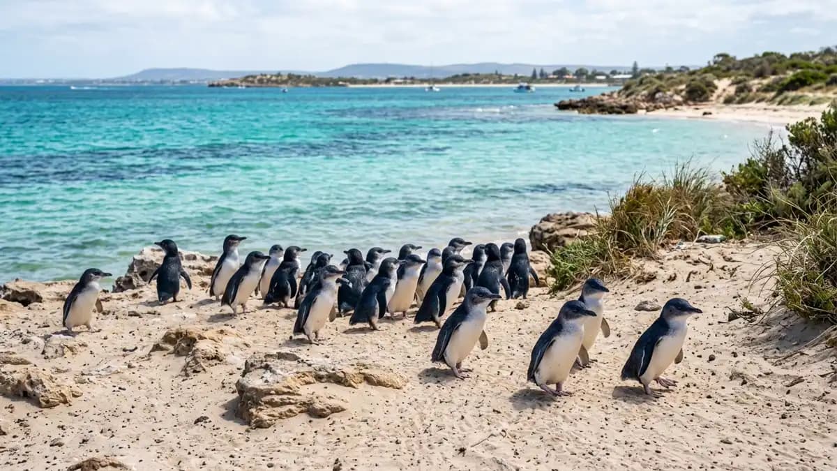 Rockingham Beach foreshore with calm turquoise water and Penguin Island in the distance, Western Australia