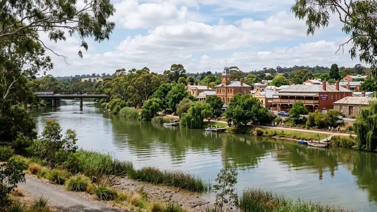 Goulburn River flowing through Seymour with parklands and eucalyptus trees, Victoria