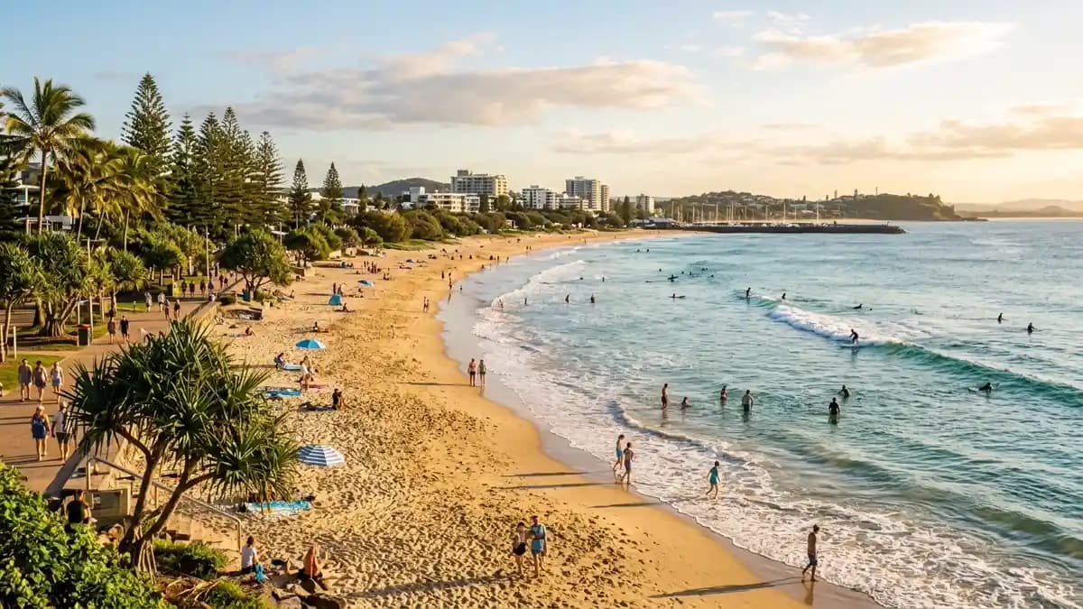 Mooloolaba Beach golden sand and surf on Sunshine Coast Queensland