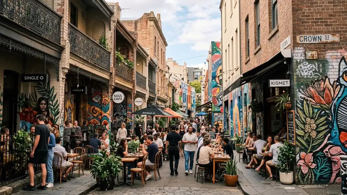 Surry Hills Crown Street with cafes, terrace houses, and street art in inner Sydney