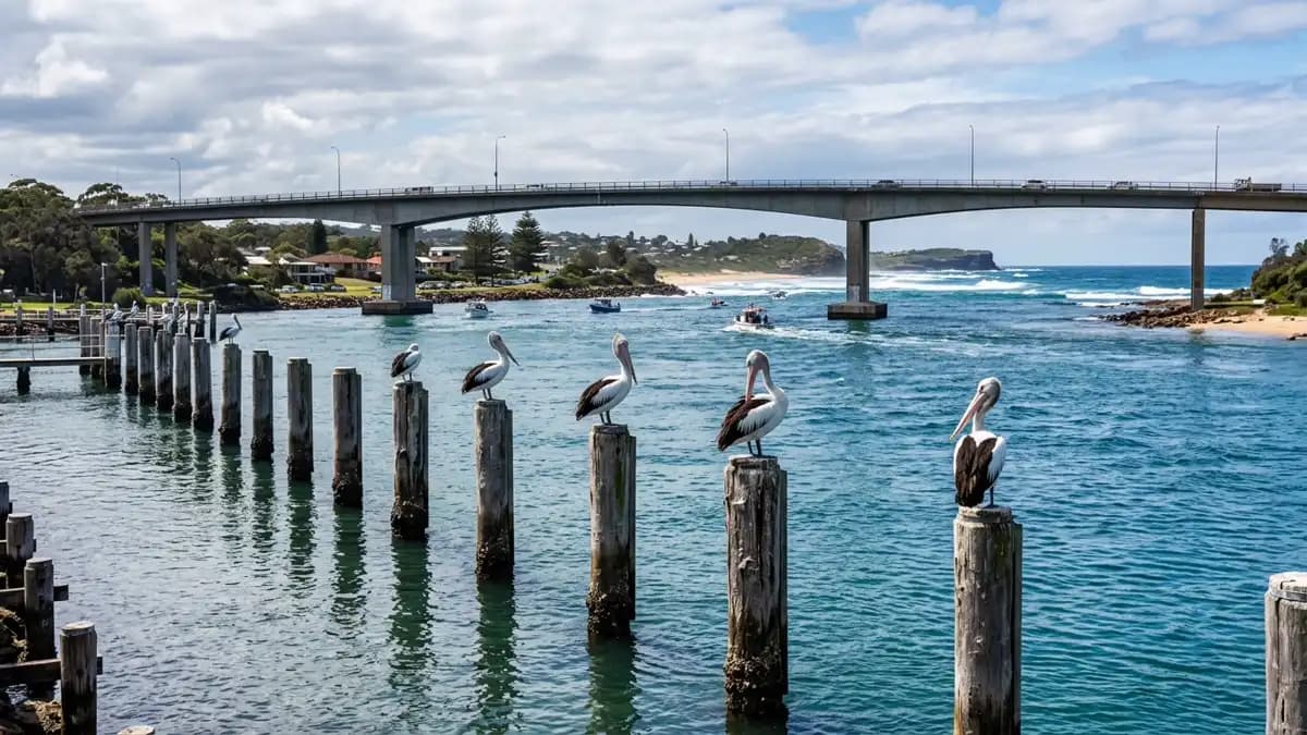 Swansea Channel where Lake Macquarie meets the ocean with pelicans and fishing boats