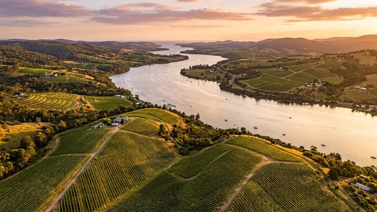 Tamar Valley vineyard rows overlooking the Tamar River estuary, northern Tasmania