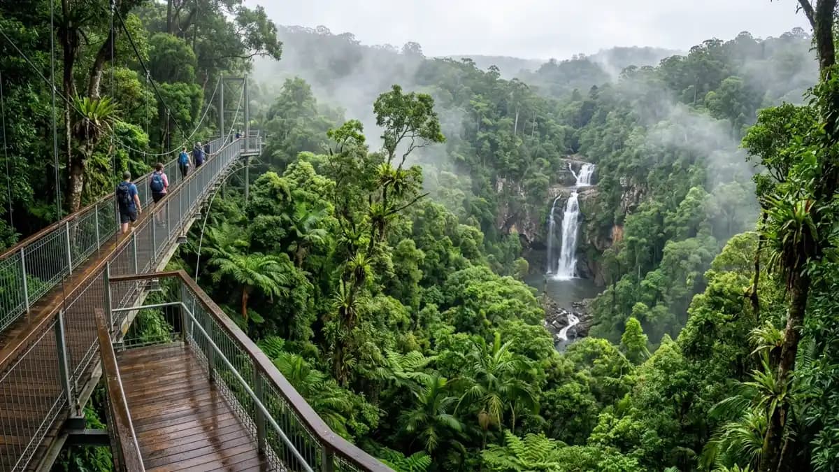 Tamborine Mountain rainforest with waterfall and lush green canopy, Gold Coast hinterland