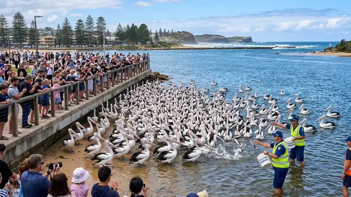 Pelicans gathered at The Entrance waterfront with Tuggerah Lake and channel in background, Central Coast NSW
