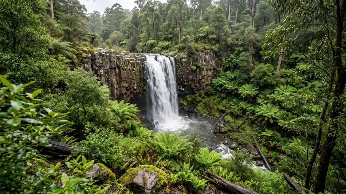 Trentham Falls waterfall surrounded by forest in the Hepburn Shire, Victoria
