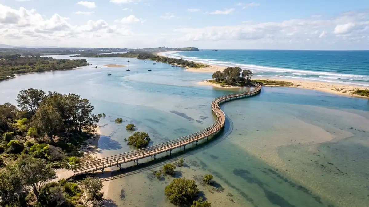 Urunga Boardwalk elevated over the lagoon with ocean in background, NSW