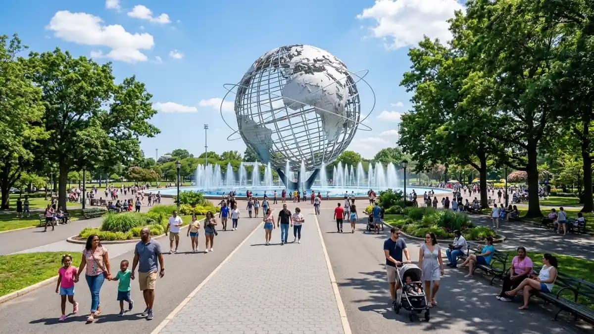 Flushing Meadows Corona Park with Unisphere globe sculpture in Queens