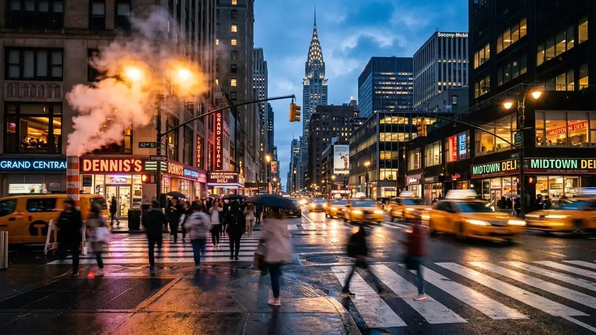 Midtown Manhattan street scene with taxis and Chrysler Building at twilight