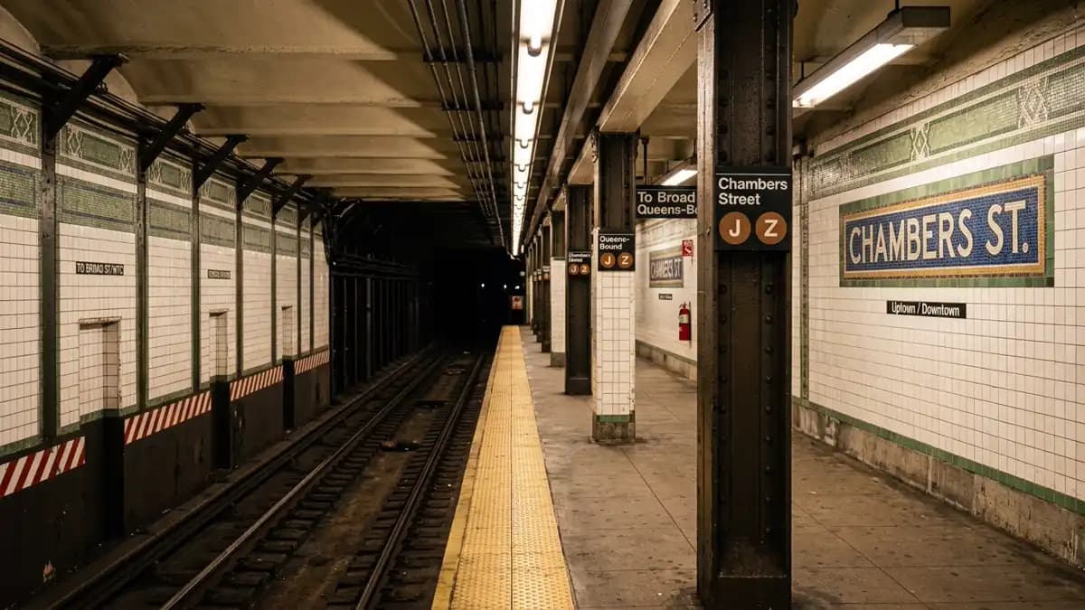 Classic New York City subway platform with mosaic tile walls and vintage signage
