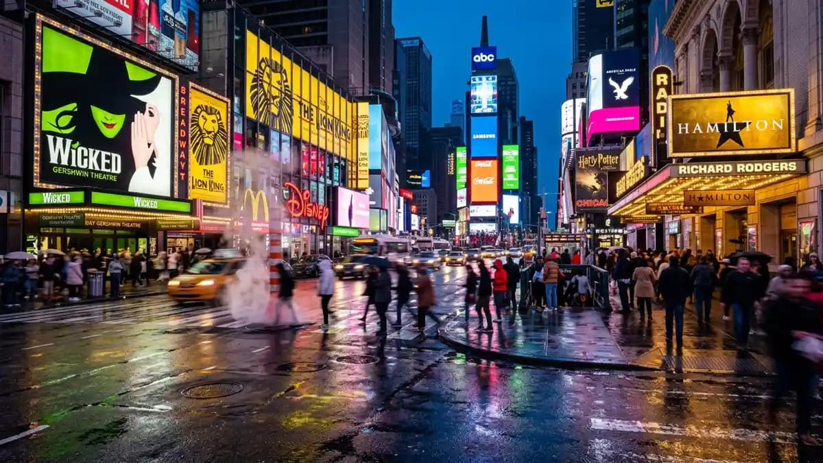 Times Square at blue hour with neon billboards and Broadway theater marquees in New York City
