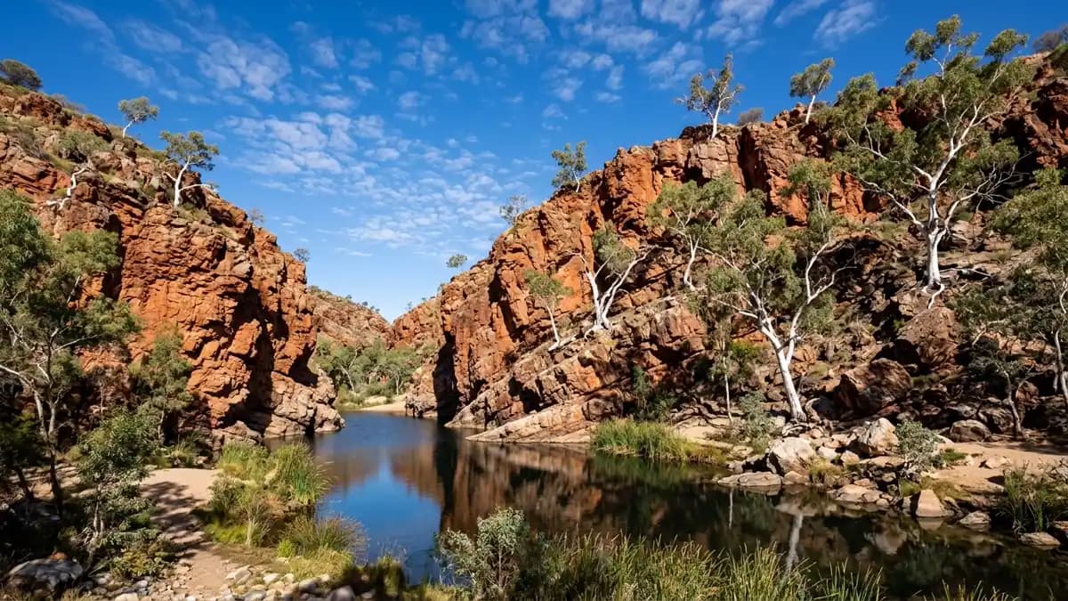 Ormiston Gorge with red cliffs reflected in permanent waterhole, West MacDonnell Ranges, Northern Territory