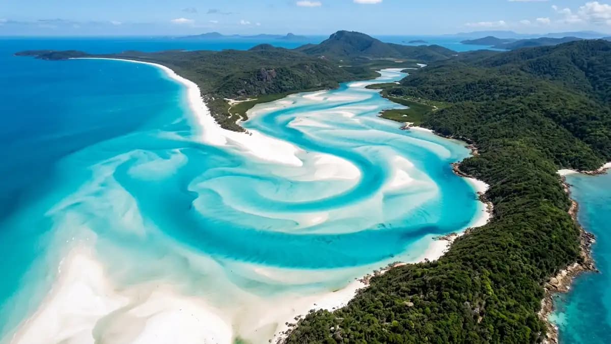 Whitehaven Beach aerial view with white silica sand and turquoise water Whitsunday Islands