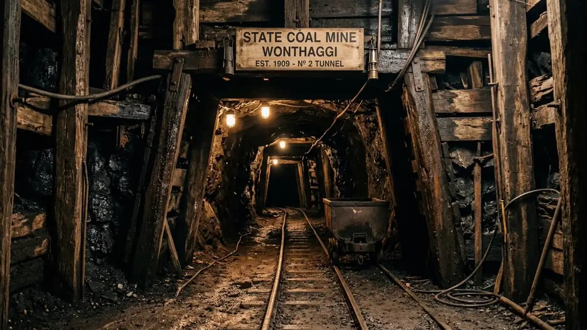 State Coal Mine entrance at Wonthaggi with heritage mining equipment, Bass Coast Victoria