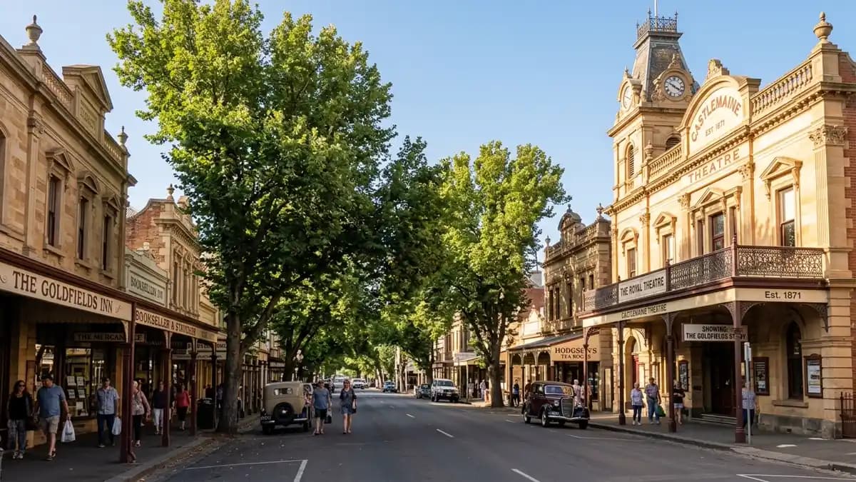 Historic gold rush main street with heritage stone buildings in Castlemaine Victoria