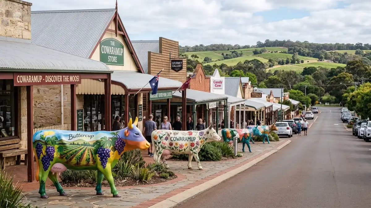 Cowaramup main street with life-sized cow statues and charming shops, Western Australia
