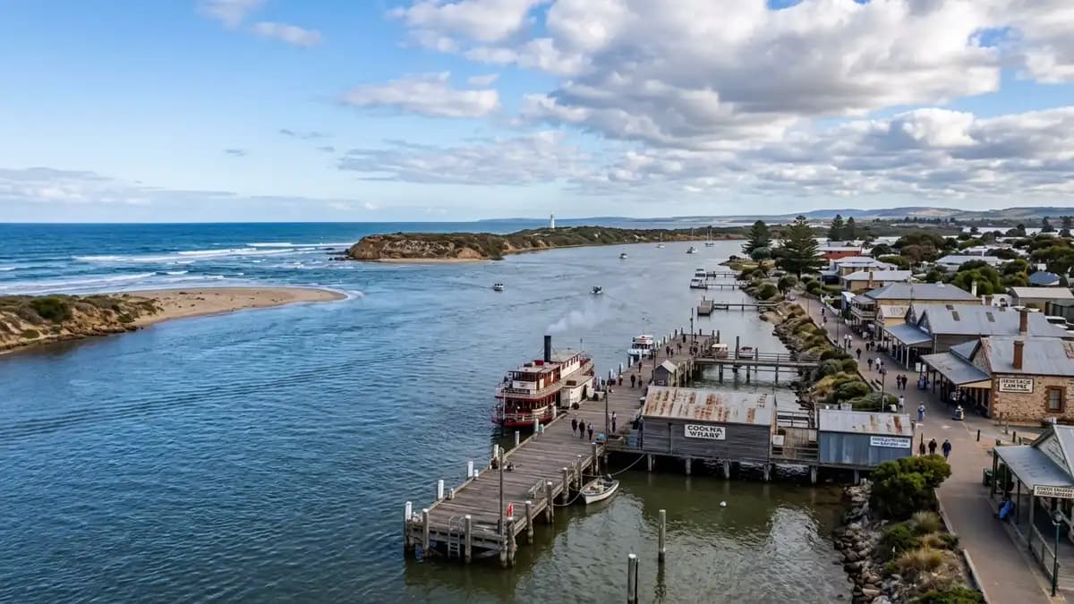 Goolwa Wharf on the Murray River with historic paddle steamer, South Australia