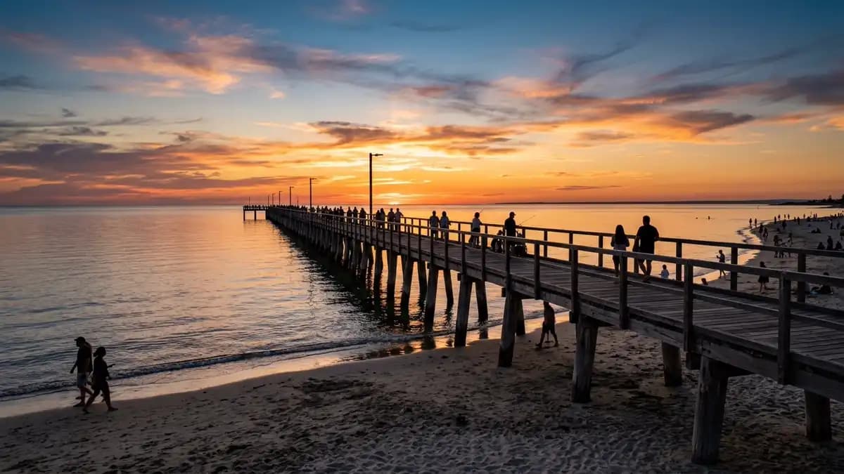 Henley Beach jetty at sunset with golden sky reflected on wet sand, South Australia