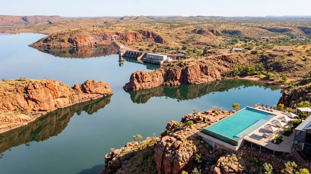 Lake Argyle infinity pool overlooking Australia's largest man-made lake, East Kimberley Western Australia