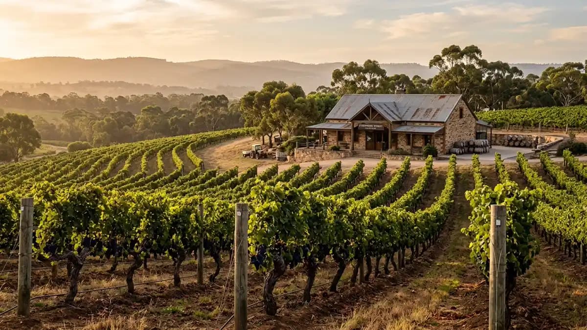 McLaren Vale vineyard rows at golden hour South Australia wine country