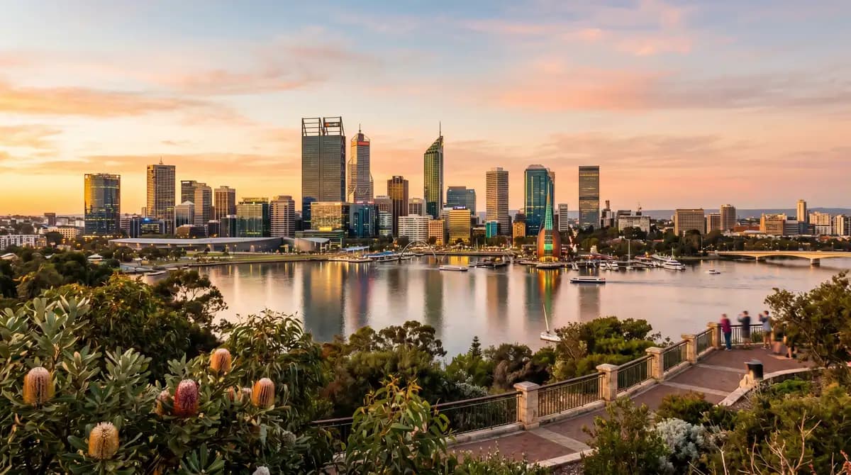 Perth CBD skyline with Swan River and Kings Park, Western Australia