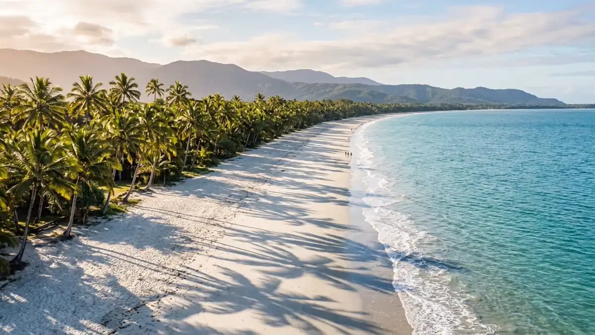 Four Mile Beach Port Douglas with palm trees and Coral Sea Queensland