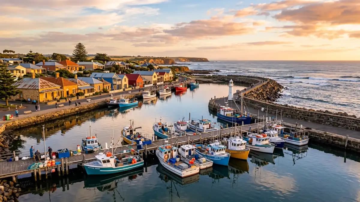 Port Fairy fishing village harbour at golden hour Victoria