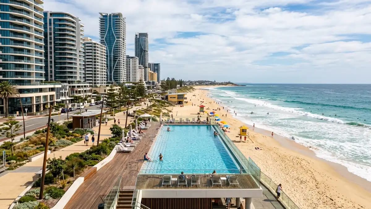 Scarborough Beach redeveloped precinct with pool and restaurants, Perth Western Australia
