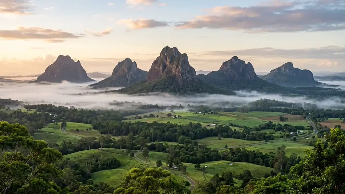 Glass House Mountains volcanic peaks in Sunshine Coast hinterland Queensland