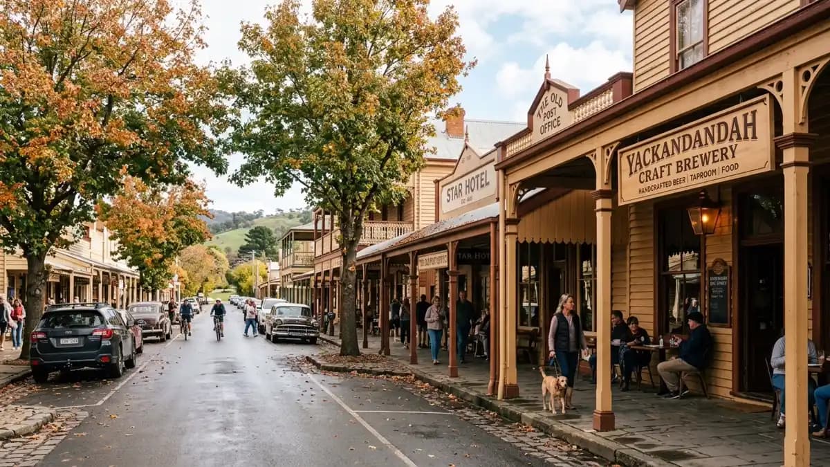 Historic High Street of Yackandandah with autumn trees, northeast Victoria