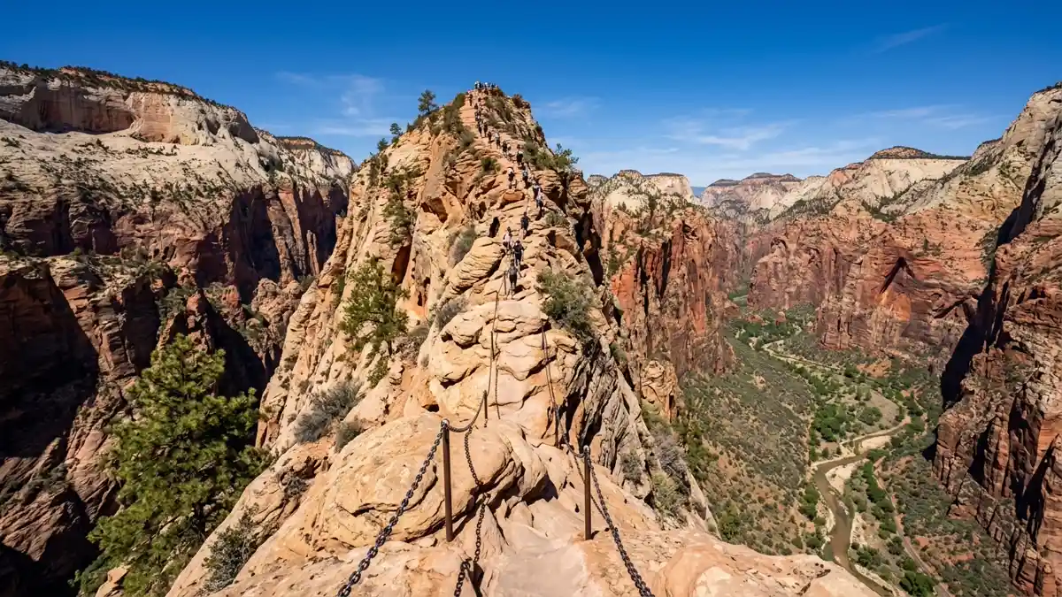 Angels Landing chain-assisted knife-edge ridge trail with canyon views in Zion National Park