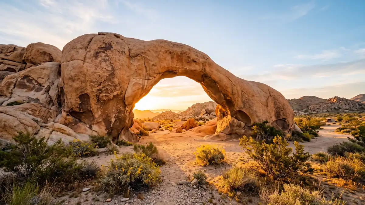 Natural granite arch rock formation at sunrise with warm light in Joshua Tree National Park