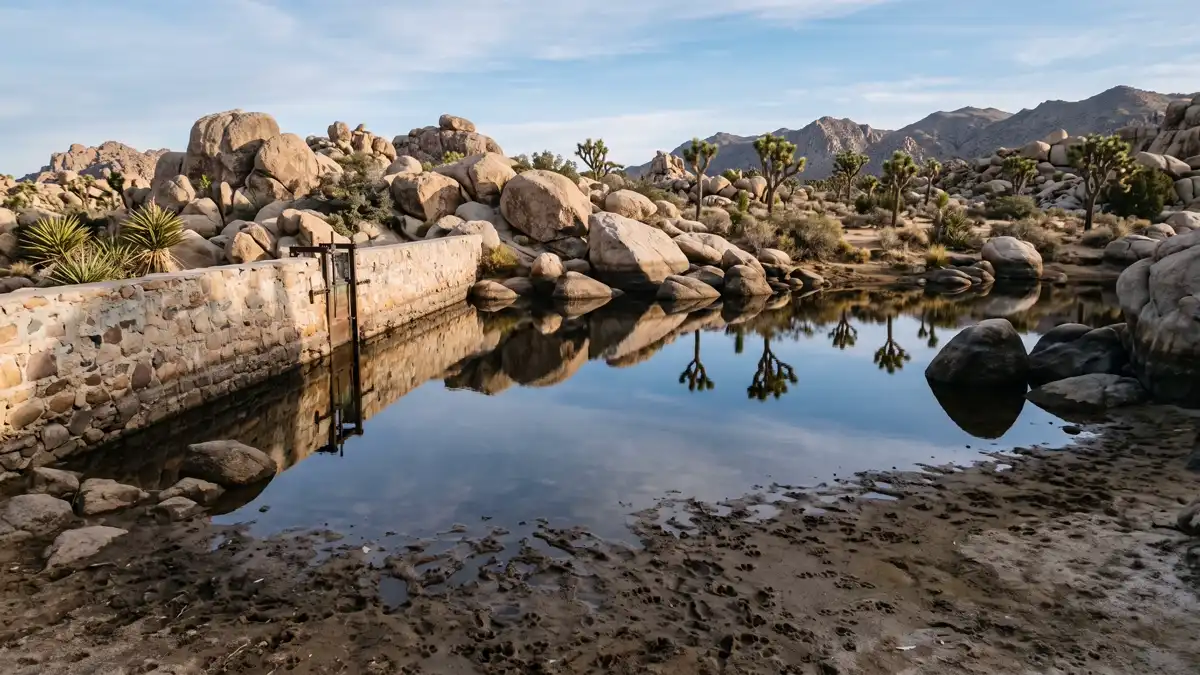 Barker Dam reservoir with still water reflections and desert boulders in Joshua Tree National Park