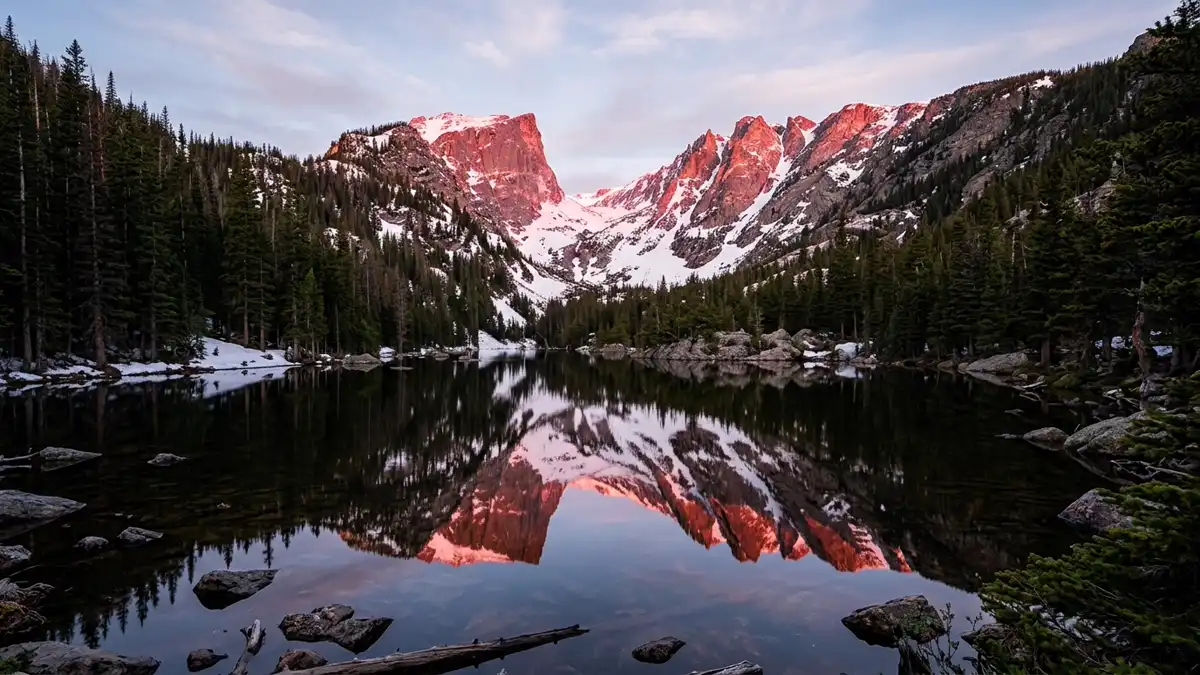 Bear Lake mirror reflection of Hallett Peak at sunrise in Rocky Mountain National Park