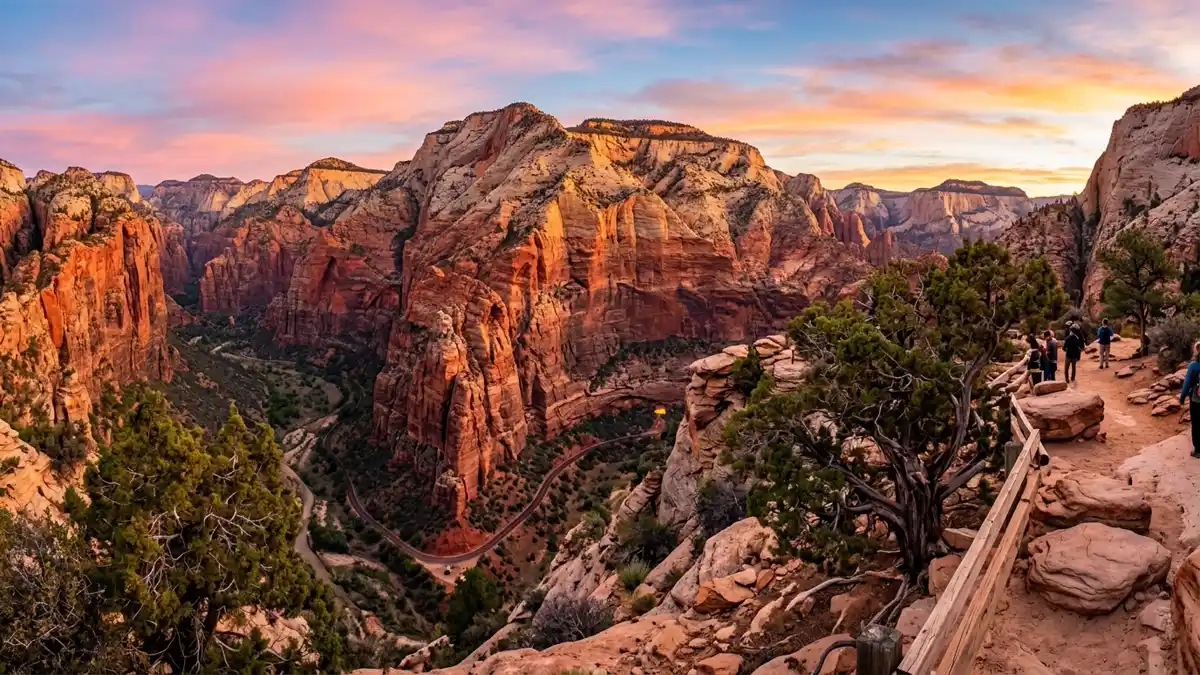 Canyon Overlook viewpoint at sunrise looking across lower Zion Canyon with red sandstone formations in Zion National Park Utah