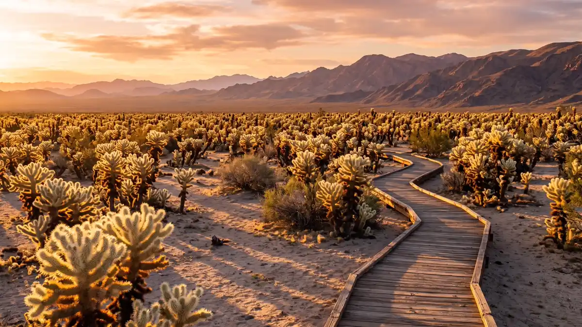 Teddy bear cholla cactus garden at golden hour with backlit spines glowing gold along boardwalk path in Joshua Tree National Park