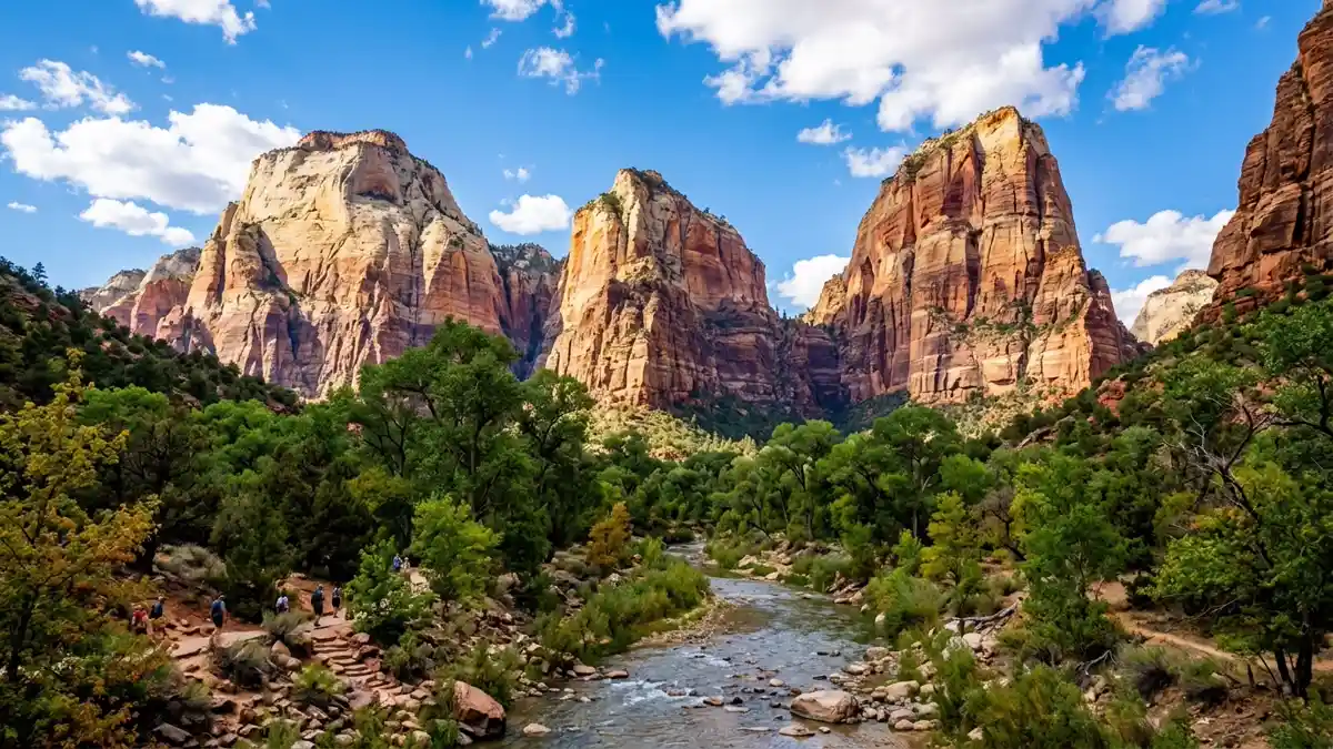 Court of the Patriarchs three massive striated sandstone peaks Abraham Isaac and Jacob in Zion National Park Utah