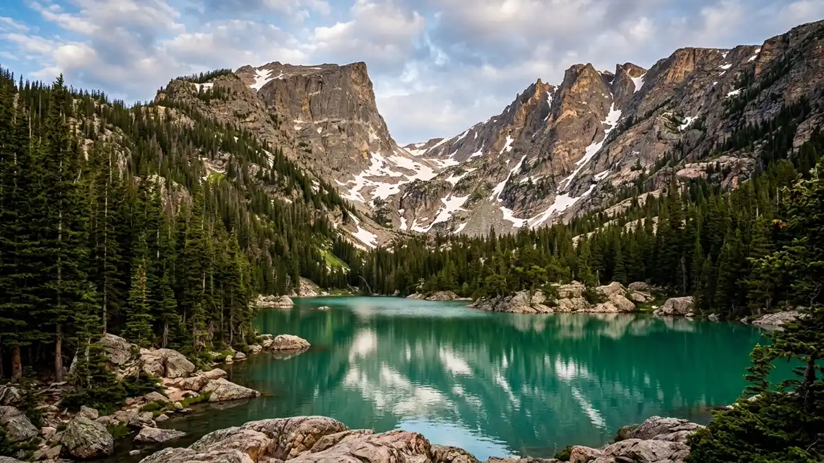 Emerald Lake turquoise glacial water at base of cirque in Rocky Mountain National Park