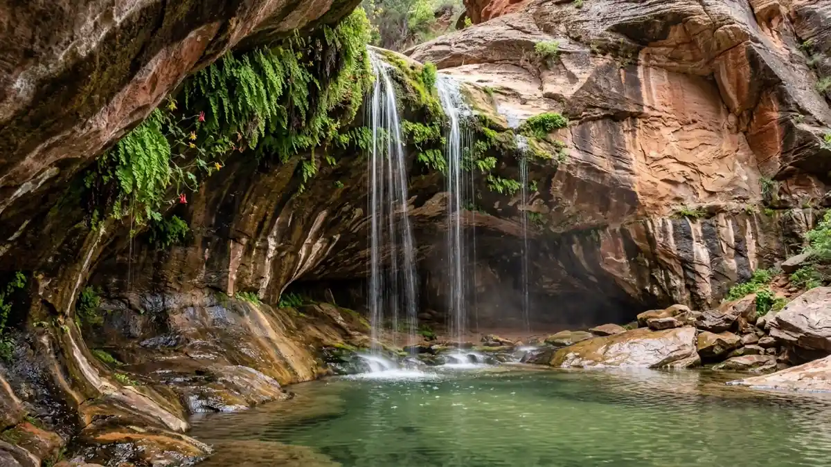 Emerald Pools alcove waterfall with hanging garden of ferns in Zion National Park