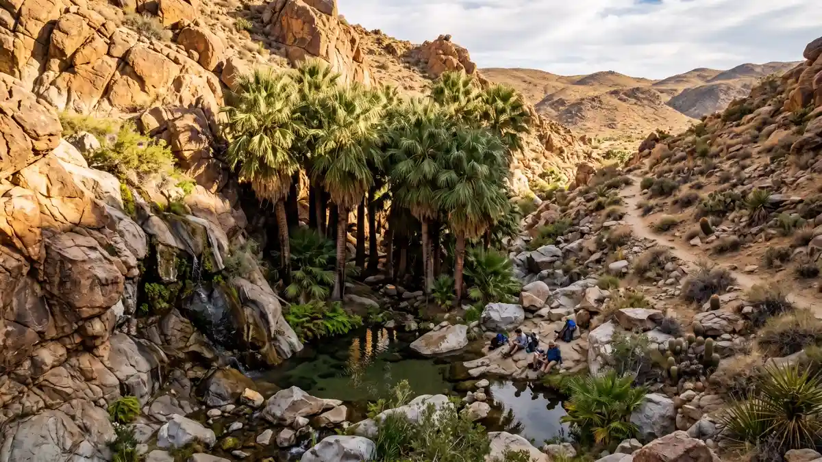 California fan palm oasis fed by underground spring in a secluded rocky canyon at 49 Palms Oasis Joshua Tree National Park