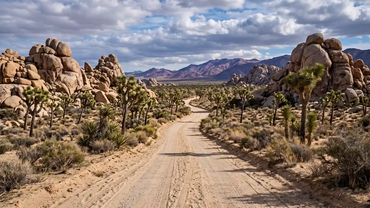 Unpaved backcountry road through boulder landscape on Geology Tour Road Joshua Tree National Park